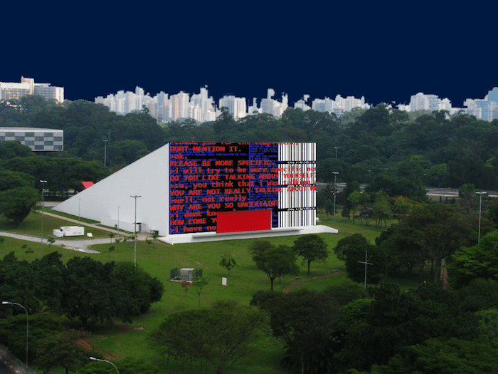 Obra digital exibida no Auditório Ibirapuera durante o Samsung Conecta SP_Urban, 2016. Foto: Divulgação / Tenho Mais Discos Que Amigos!.